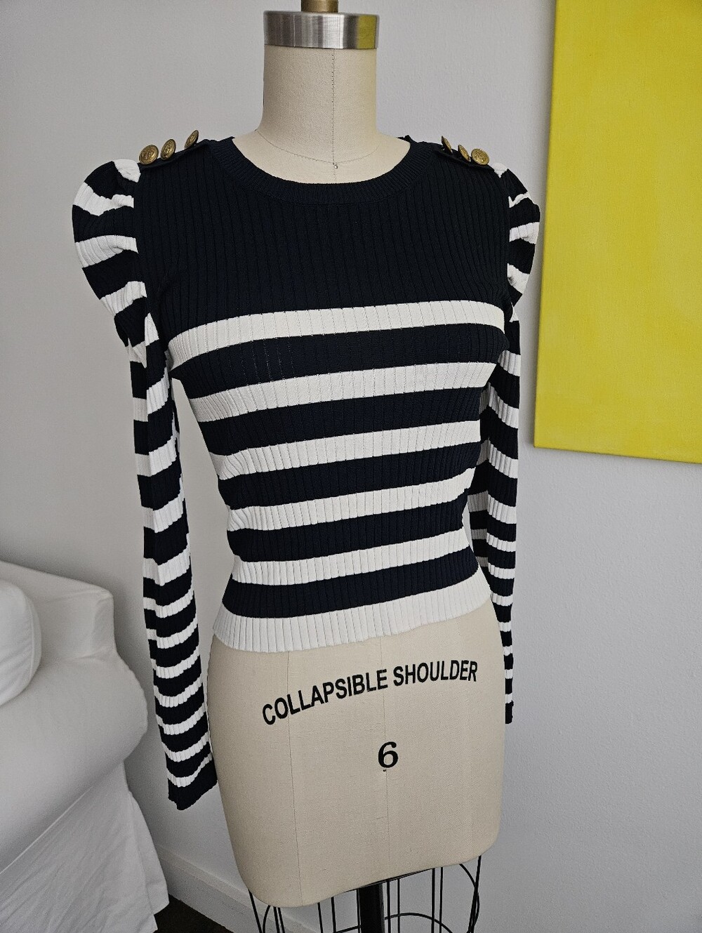 ZARA Striped Long Sleeve Top With Gold Button Detail - Size L